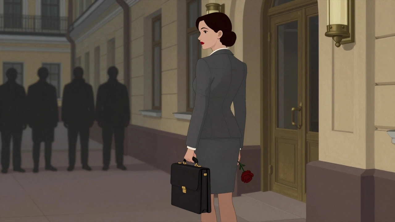 A woman in a suit stands outside a hotel, holding a rose, shadowy observers in the background, suggesting surveillance and stigma.